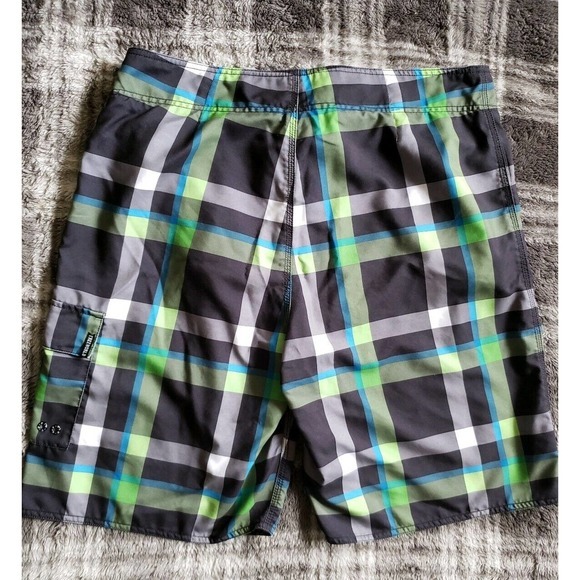 Free World Board Shorts Mens Size 36 Green Blue Plaid Drawstring Pocket‎ Swim - Picture 5 of 7